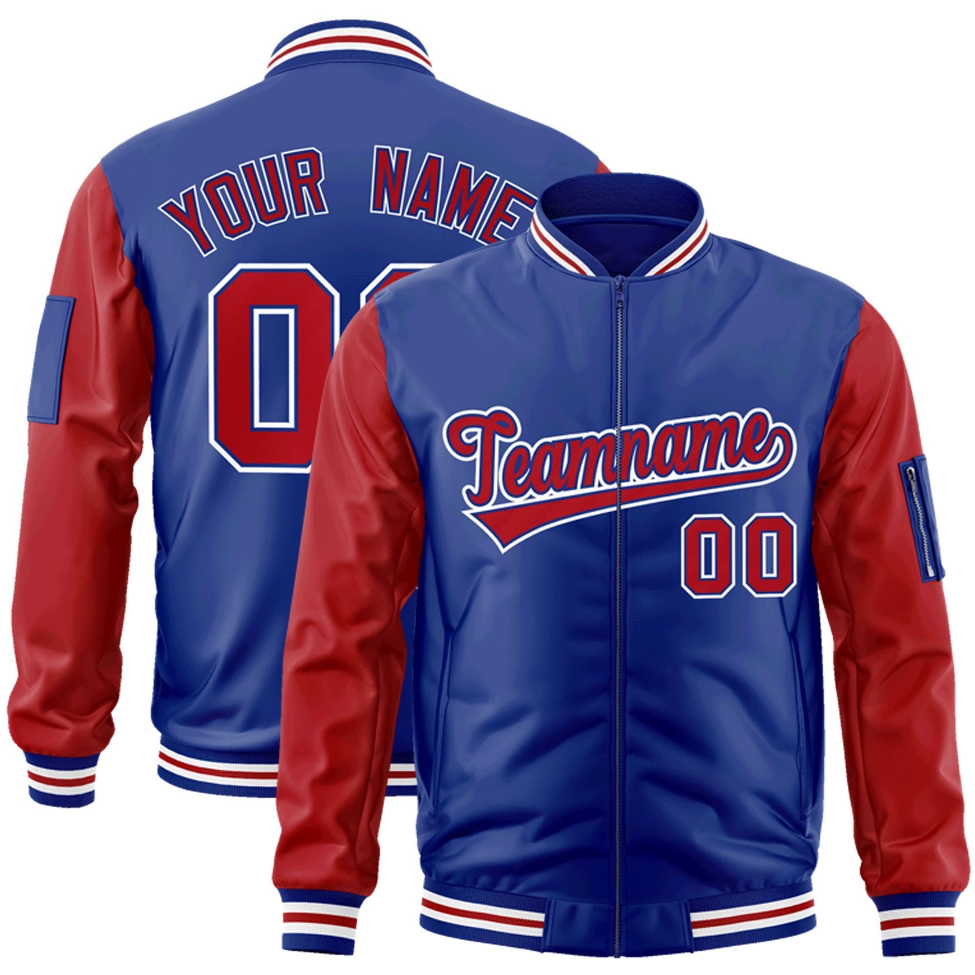 Custom Royal Red-White Varsity Full-Zip Raglan Sleeves Letterman Bomber Jacket