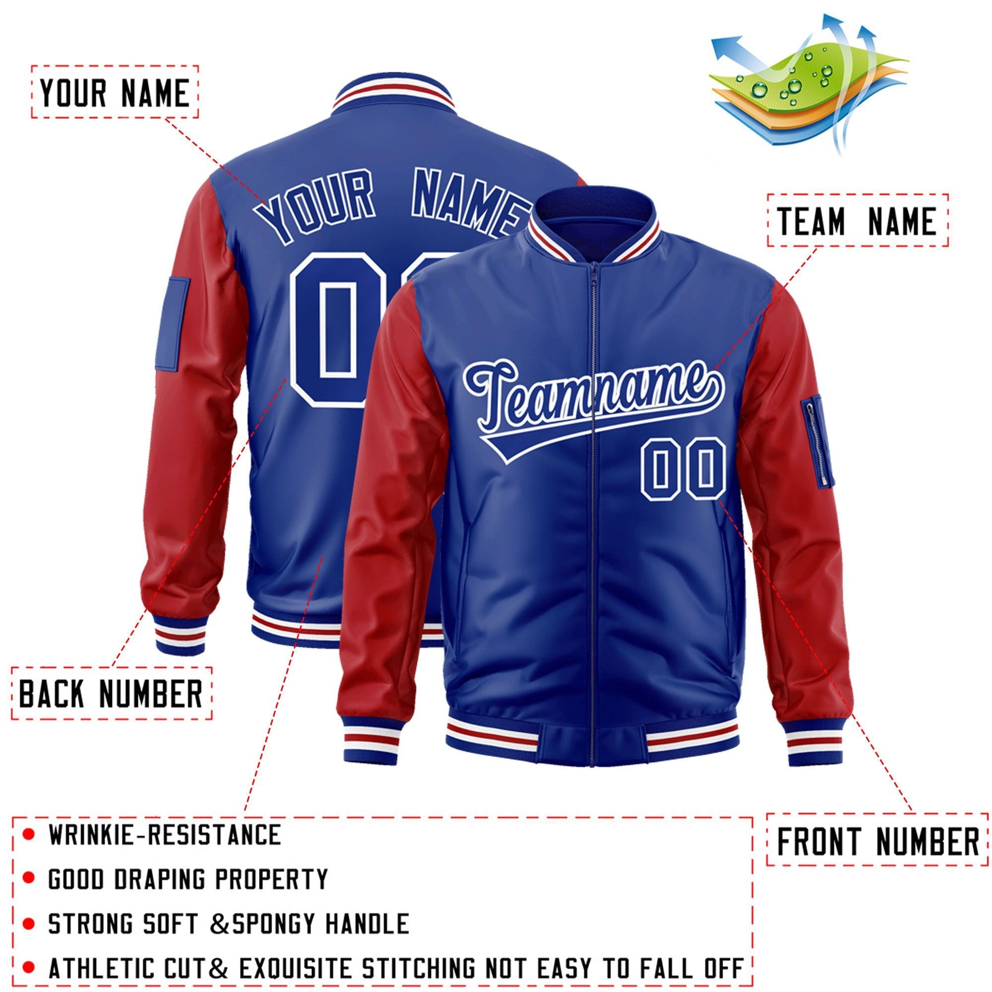 Custom Royal Red-White Varsity Full-Zip Raglan Sleeves Letterman Bomber Jacket