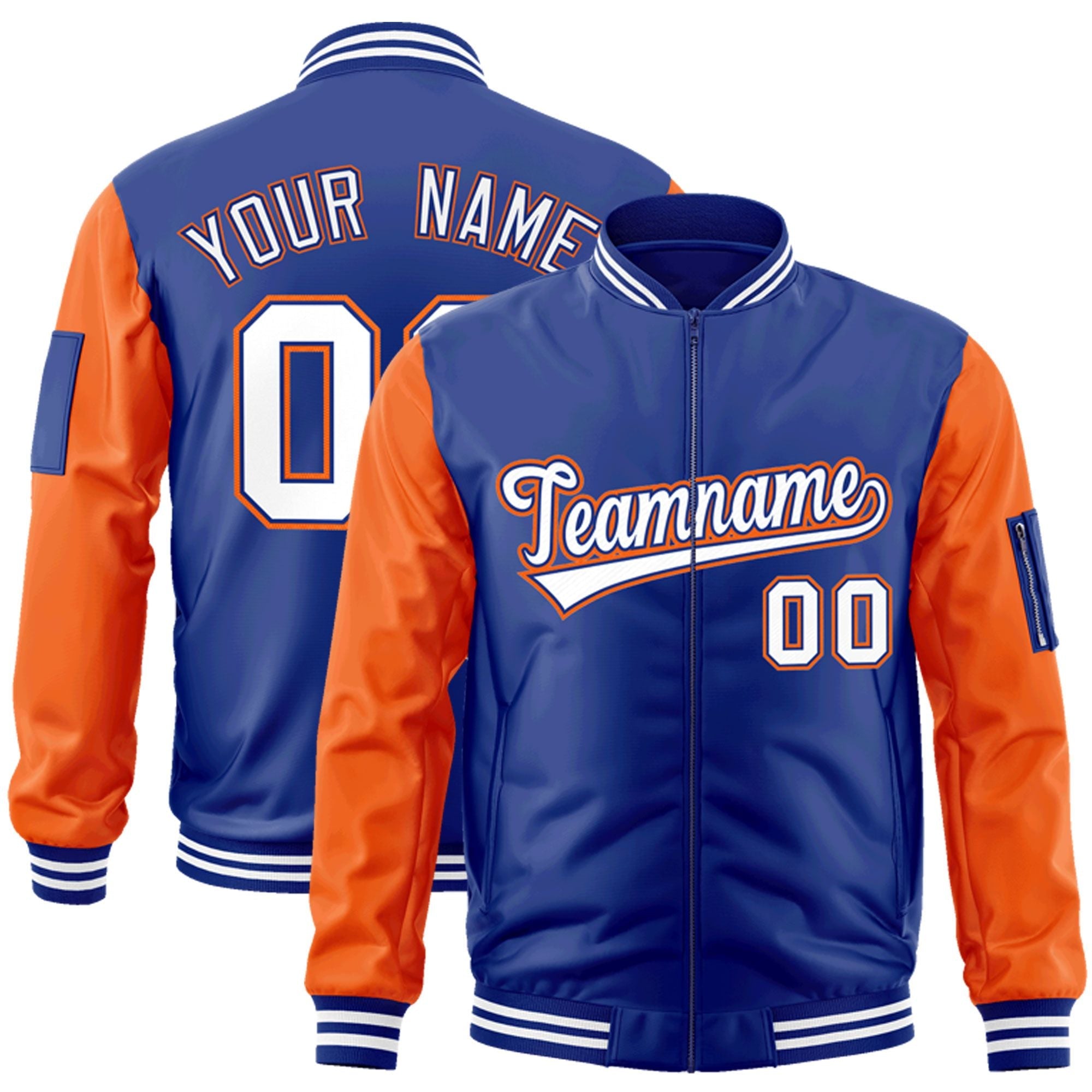 Custom Royal White-Orange Varsity Full-Zip Raglan Sleeves Letterman Bomber Jacket