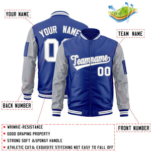 Custom Royal White-Gray Varsity Full-Zip Raglan Sleeves Letterman Bomber Jacket