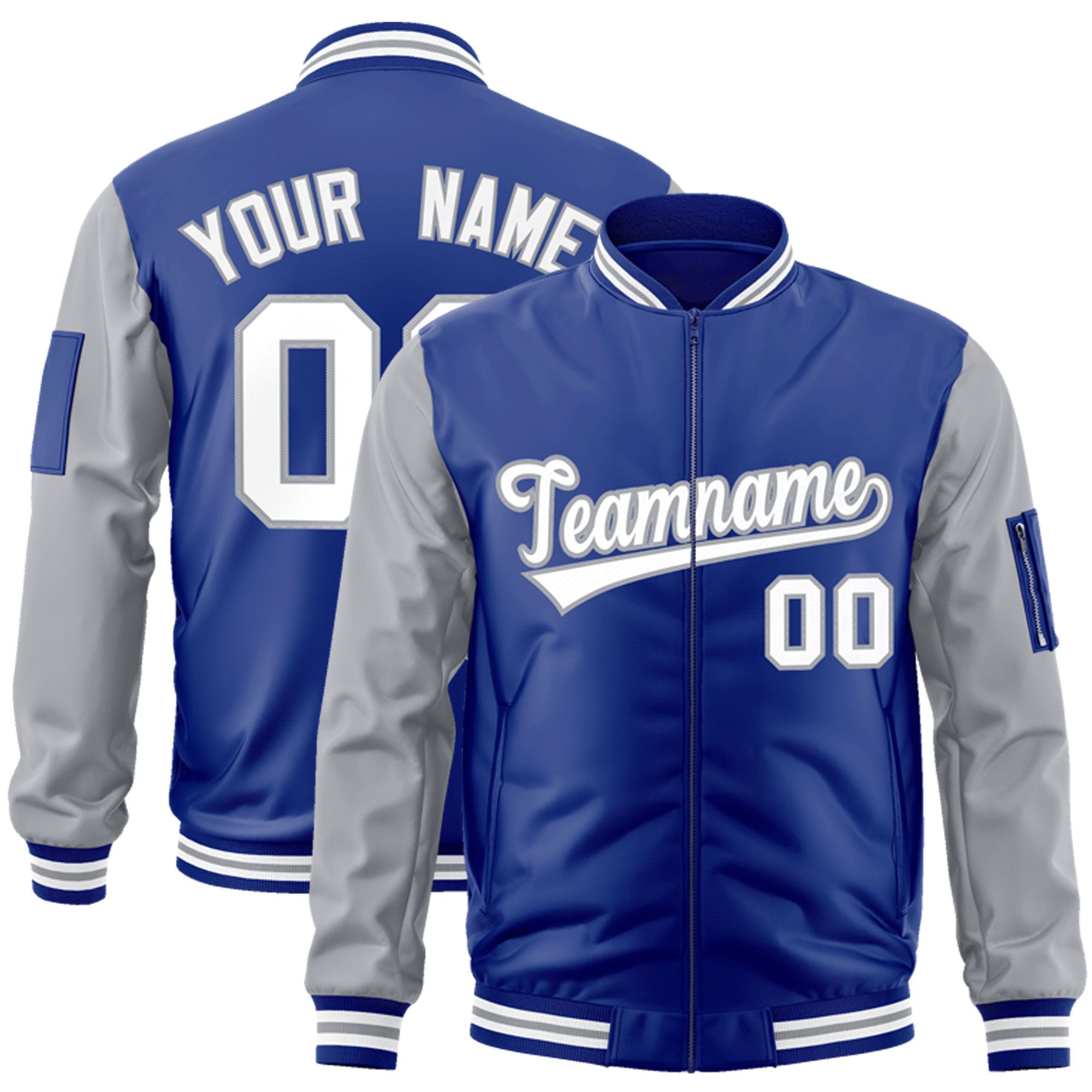 Custom Royal White-Gray Varsity Full-Zip Raglan Sleeves Letterman Bomber Jacket