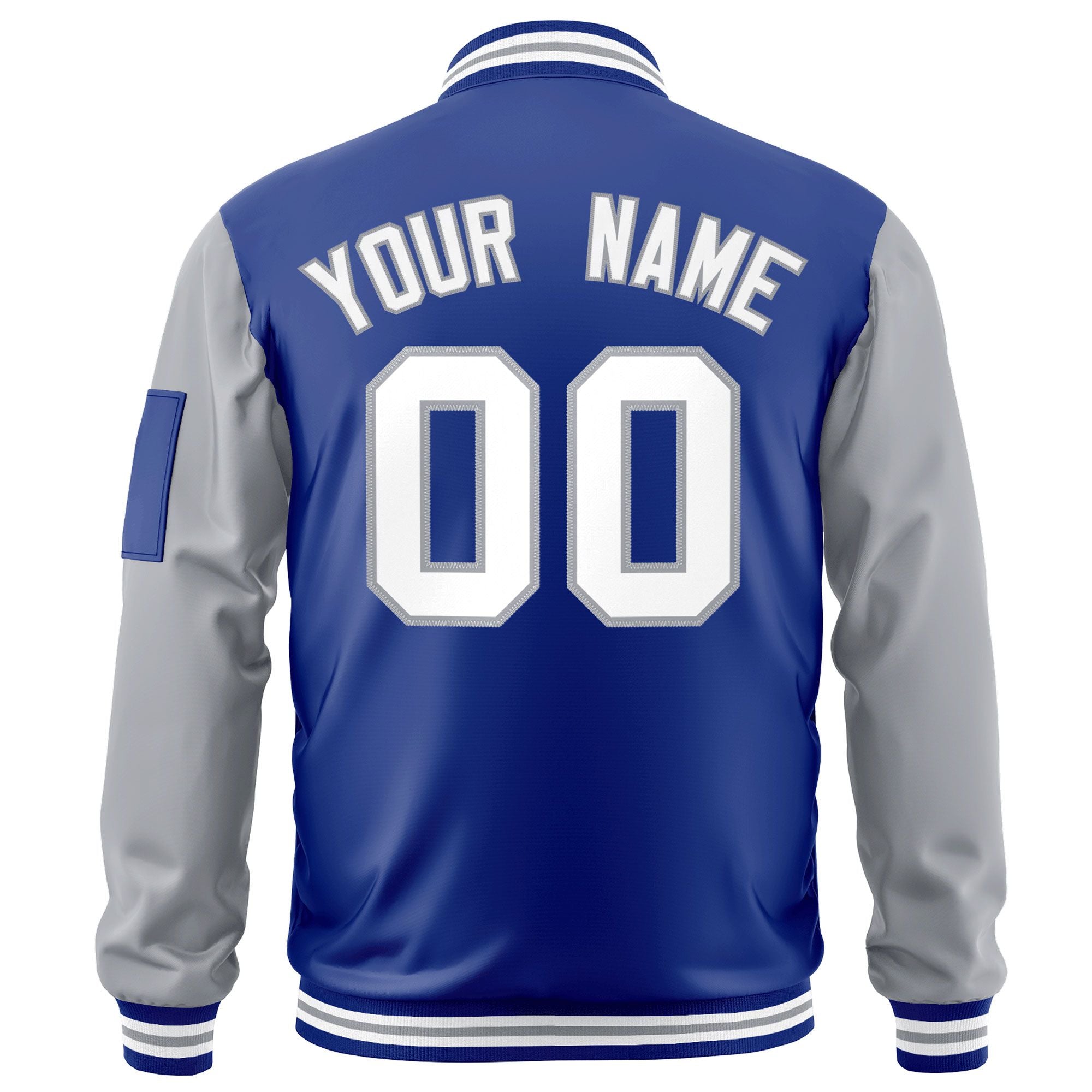 Custom Royal White-Gray Varsity Full-Zip Raglan Sleeves Letterman Bomber Jacket