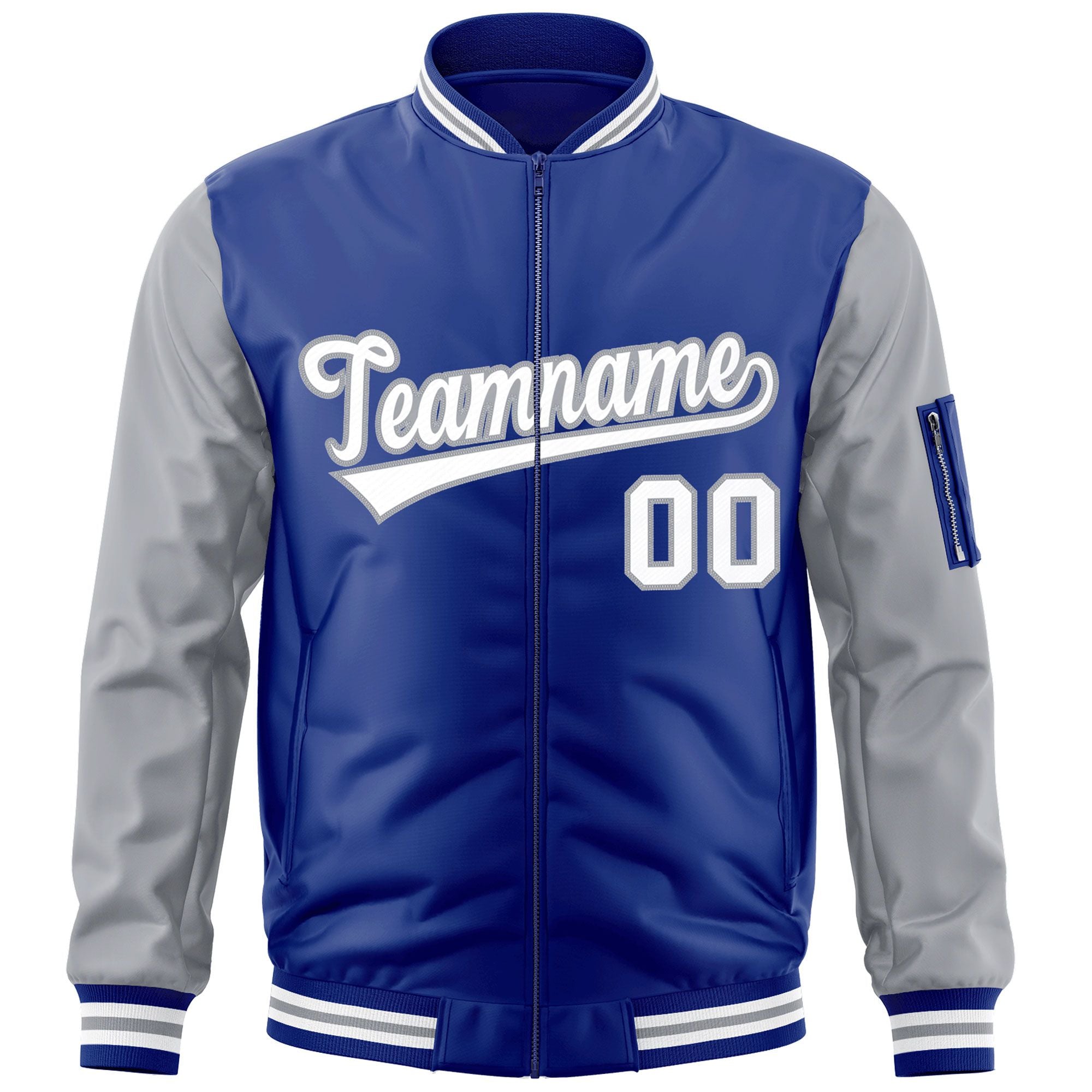 Custom Royal White-Gray Varsity Full-Zip Raglan Sleeves Letterman Bomber Jacket