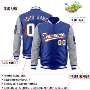 Custom Royal White-Gray Varsity Full-Zip Raglan Sleeves Letterman Bomber Jacket