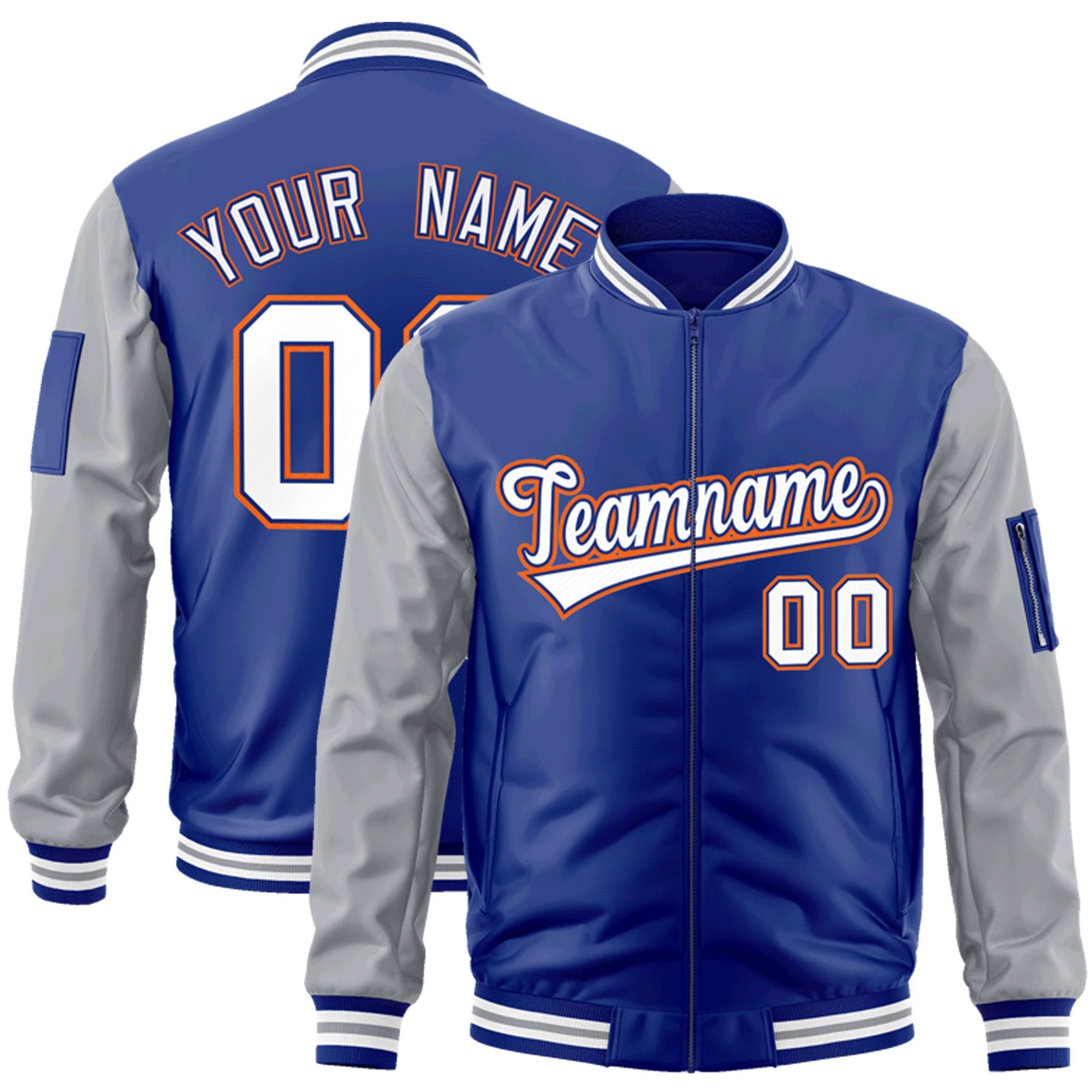 Custom Royal White-Gray Varsity Full-Zip Raglan Sleeves Letterman Bomber Jacket