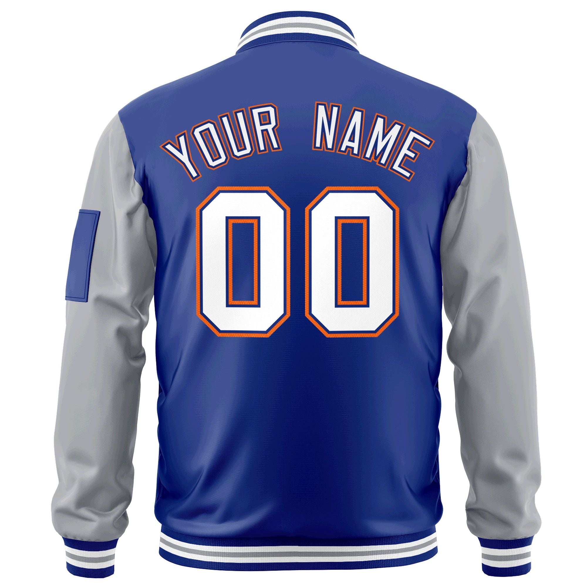 Custom Royal White-Gray Varsity Full-Zip Raglan Sleeves Letterman Bomber Jacket