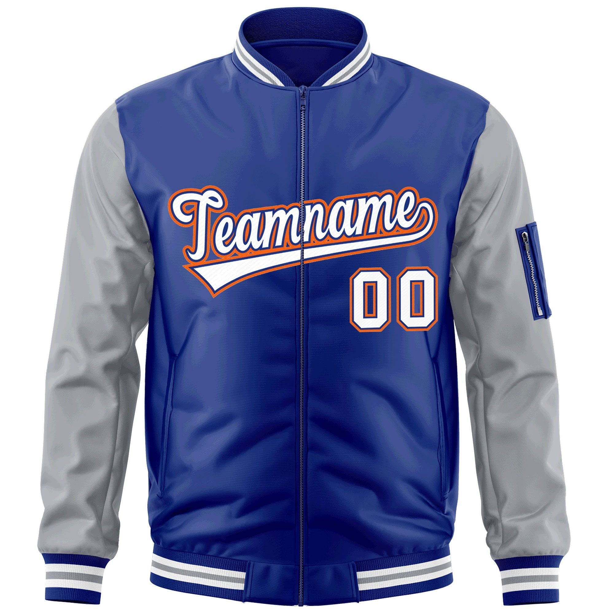 Custom Royal White-Gray Varsity Full-Zip Raglan Sleeves Letterman Bomber Jacket