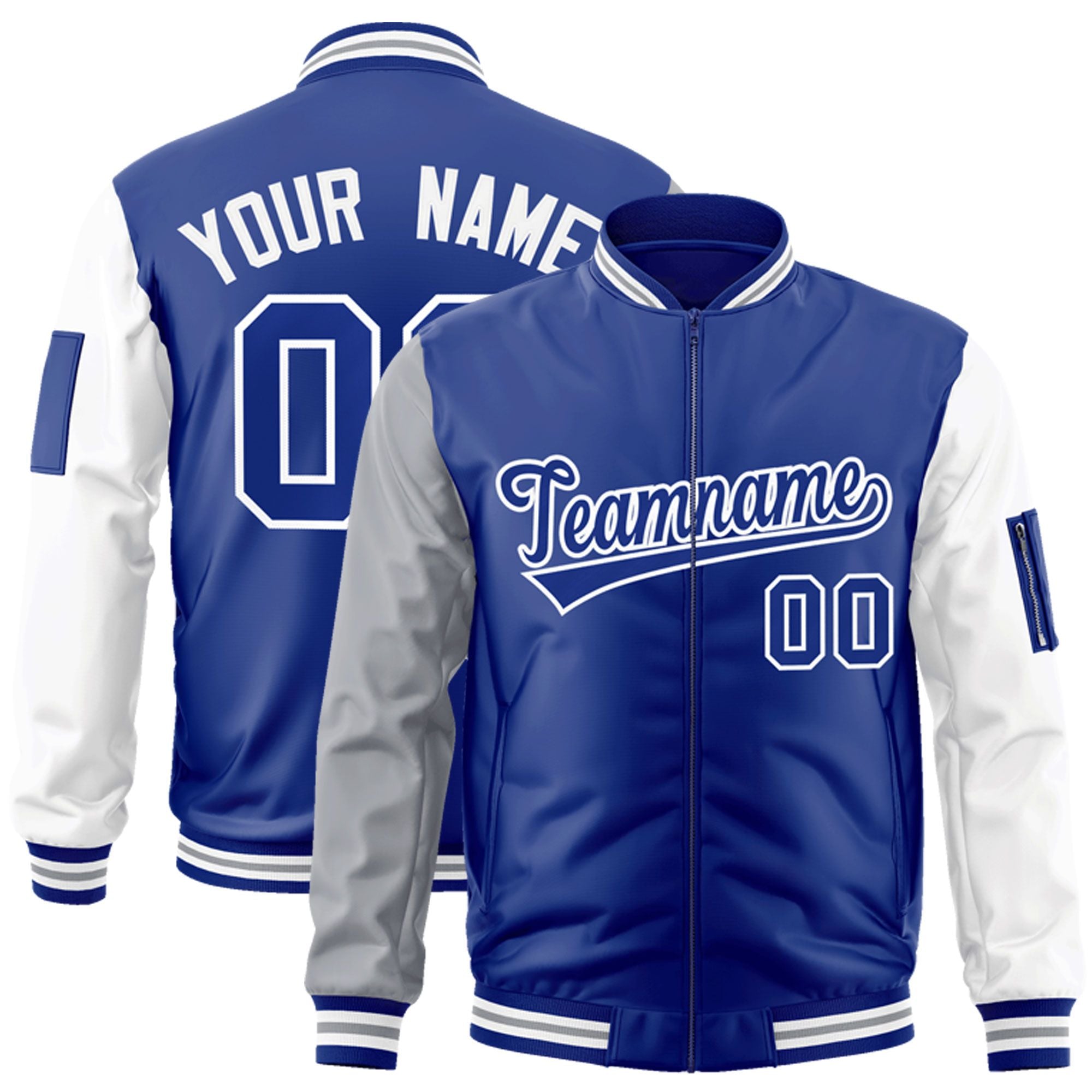 Custom Royal White-Gray Varsity Full-Zip Raglan Sleeves Letterman Bomber Jacket