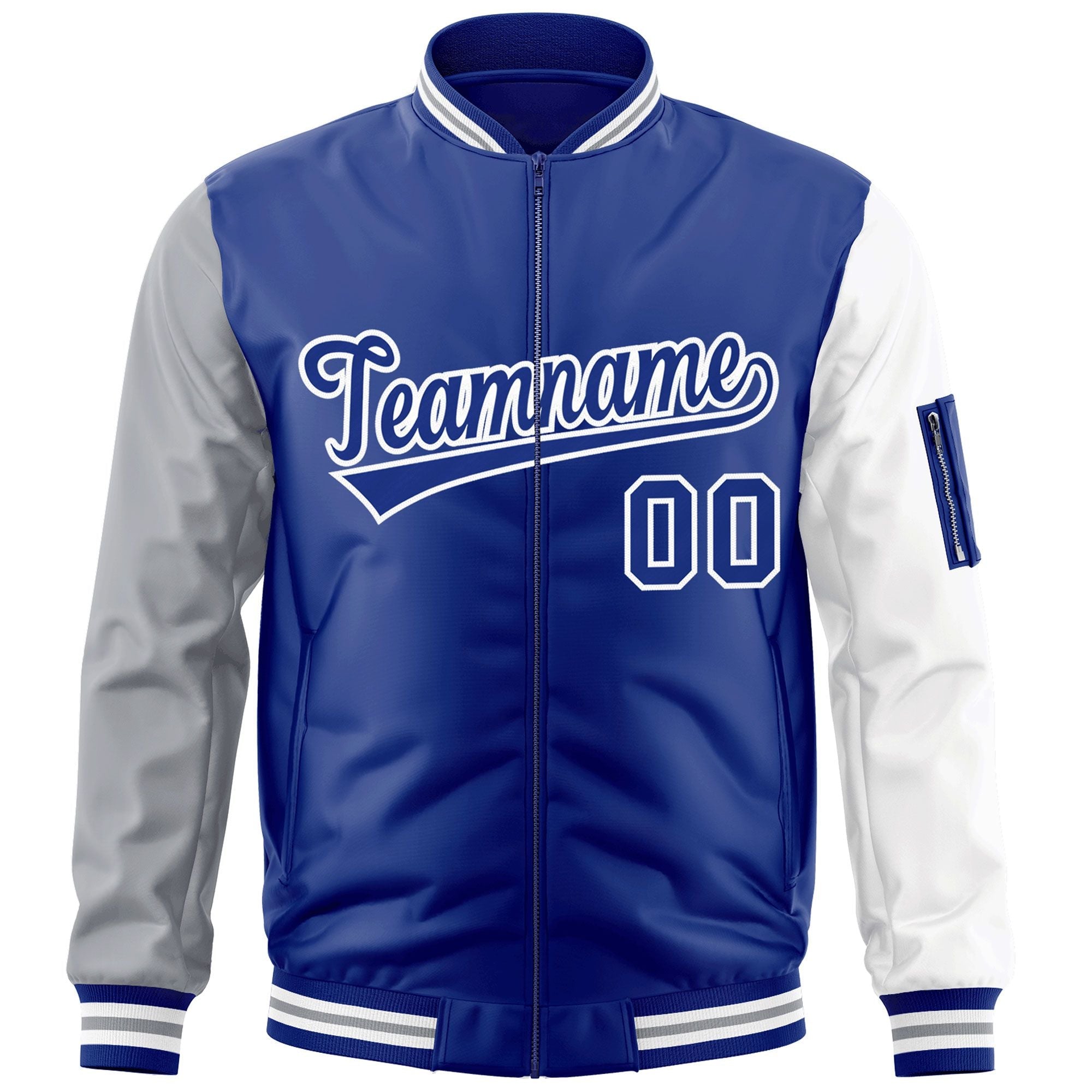 Custom Royal White-Gray Varsity Full-Zip Raglan Sleeves Letterman Bomber Jacket