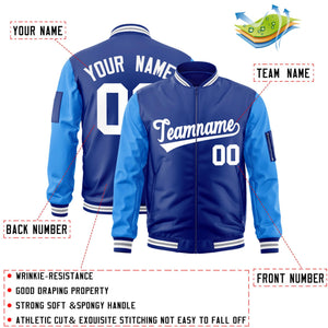 Custom Royal Powder Blue-White Varsity Full-Zip Raglan Sleeves Letterman Bomber Jacket