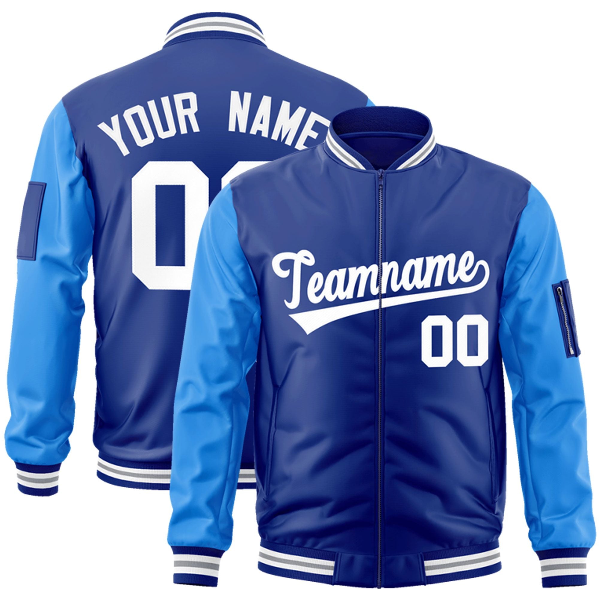 Custom Royal Powder Blue-White Varsity Full-Zip Raglan Sleeves Letterman Bomber Jacket