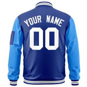 Custom Royal Powder Blue-White Varsity Full-Zip Raglan Sleeves Letterman Bomber Jacket