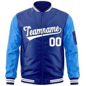 Custom Royal Powder Blue-White Varsity Full-Zip Raglan Sleeves Letterman Bomber Jacket