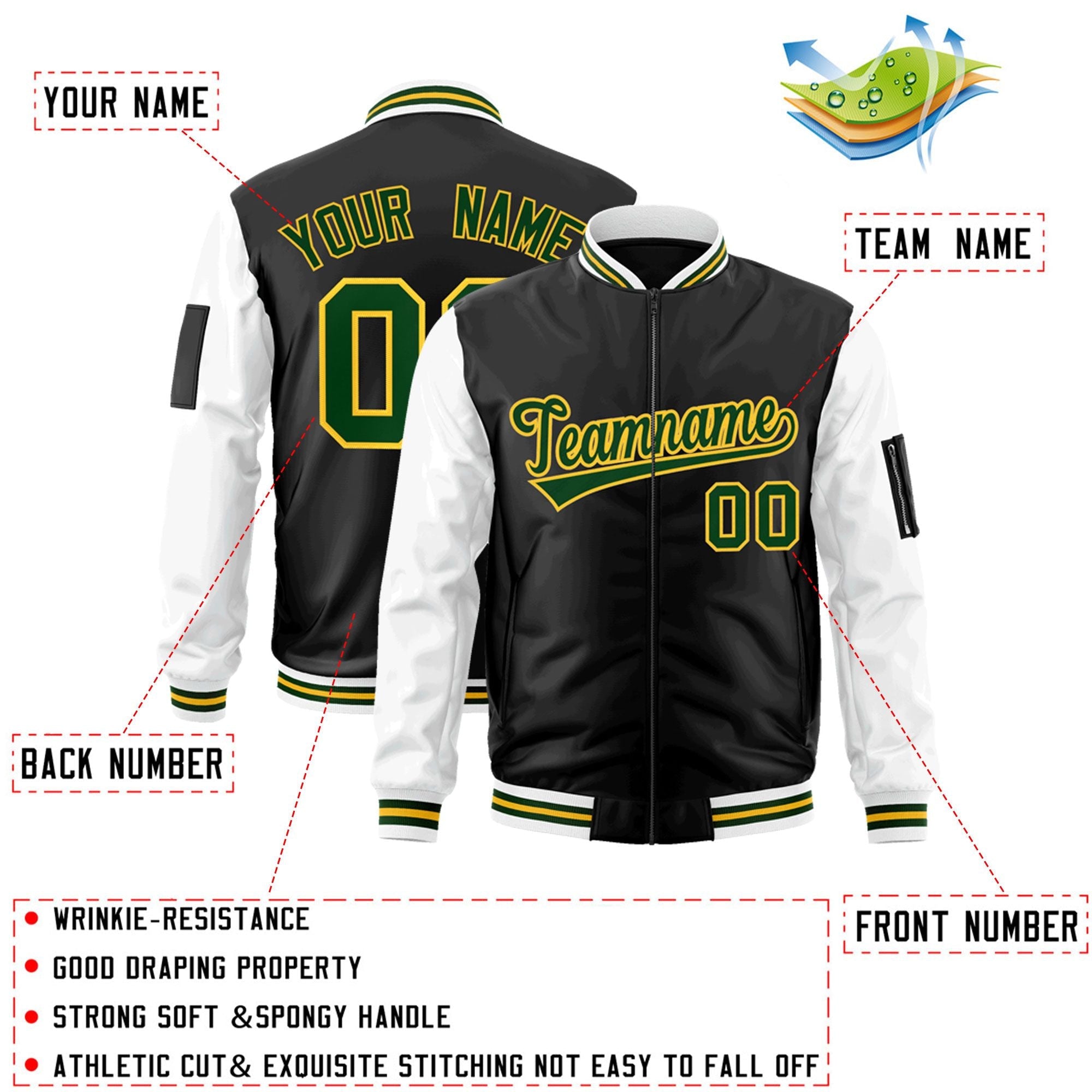 Custom Black White-Green Varsity Full-Zip Raglan Sleeves Letterman Bomber Jacket