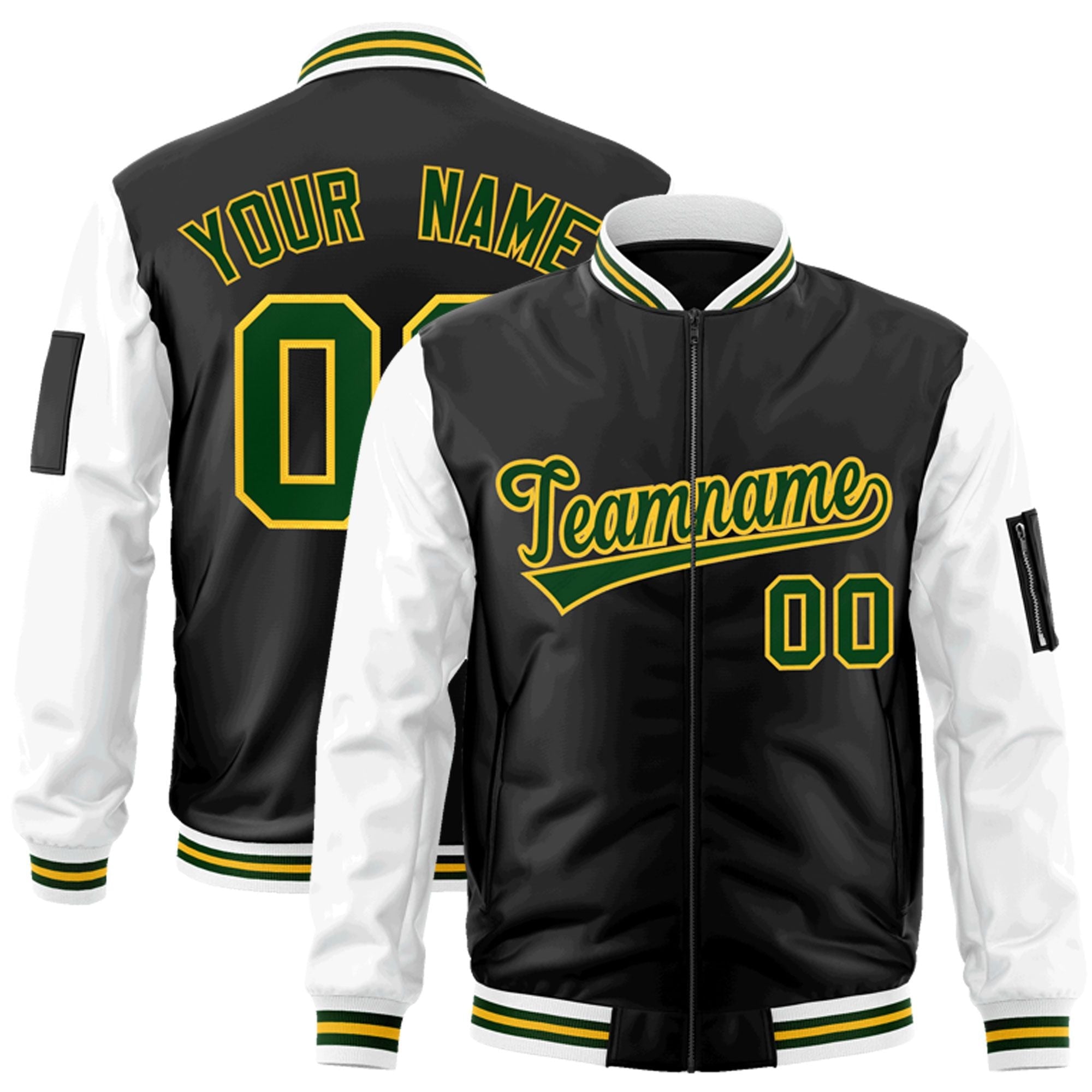 Custom Black White-Green Varsity Full-Zip Raglan Sleeves Letterman Bomber Jacket