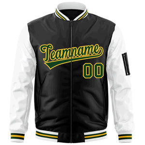 Custom Black White-Green Varsity Full-Zip Raglan Sleeves Letterman Bomber Jacket