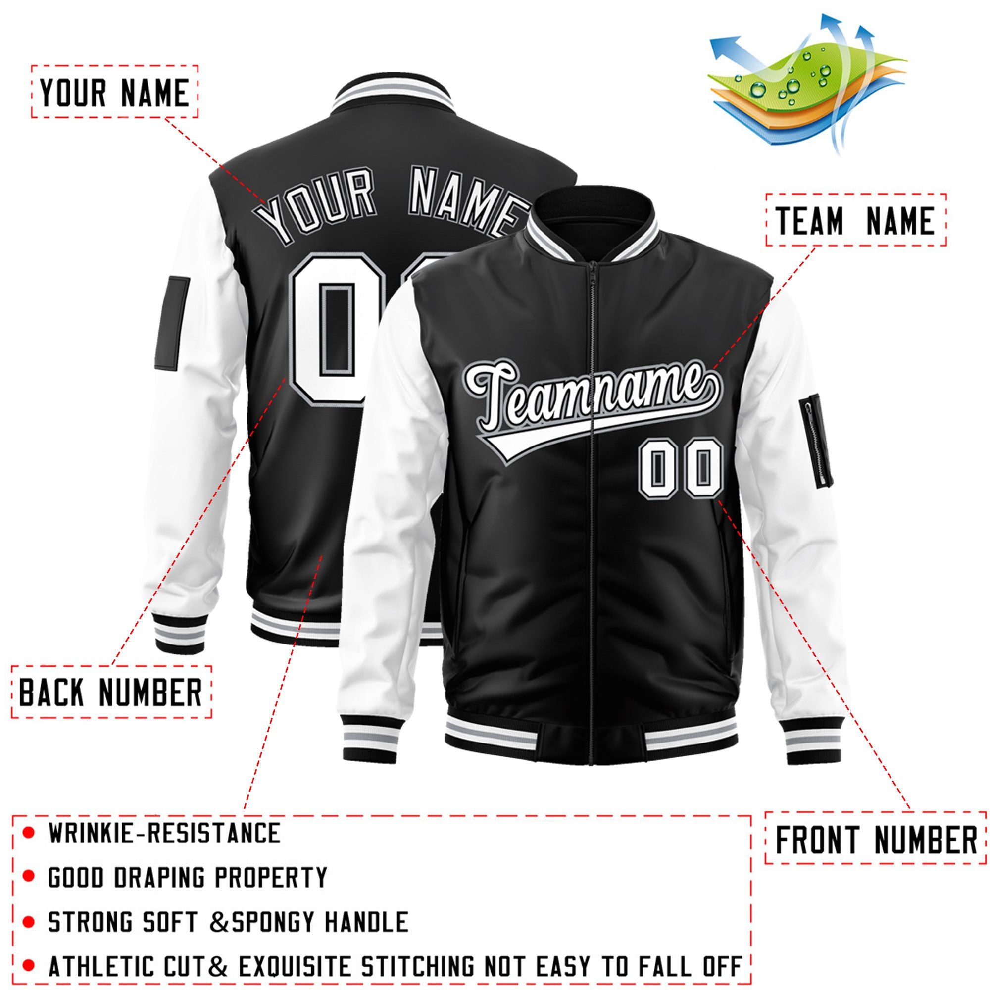 Custom Black White-Gray Varsity Full-Zip Raglan Sleeves Letterman Bomber Jacket