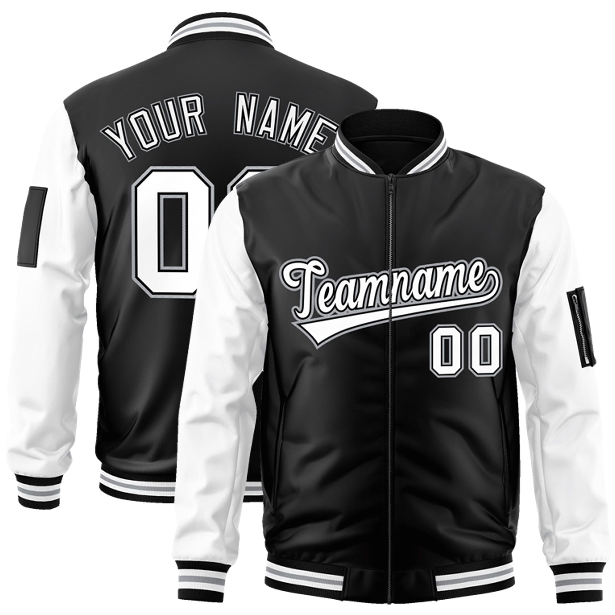 Custom Black White-Gray Varsity Full-Zip Raglan Sleeves Letterman Bomber Jacket