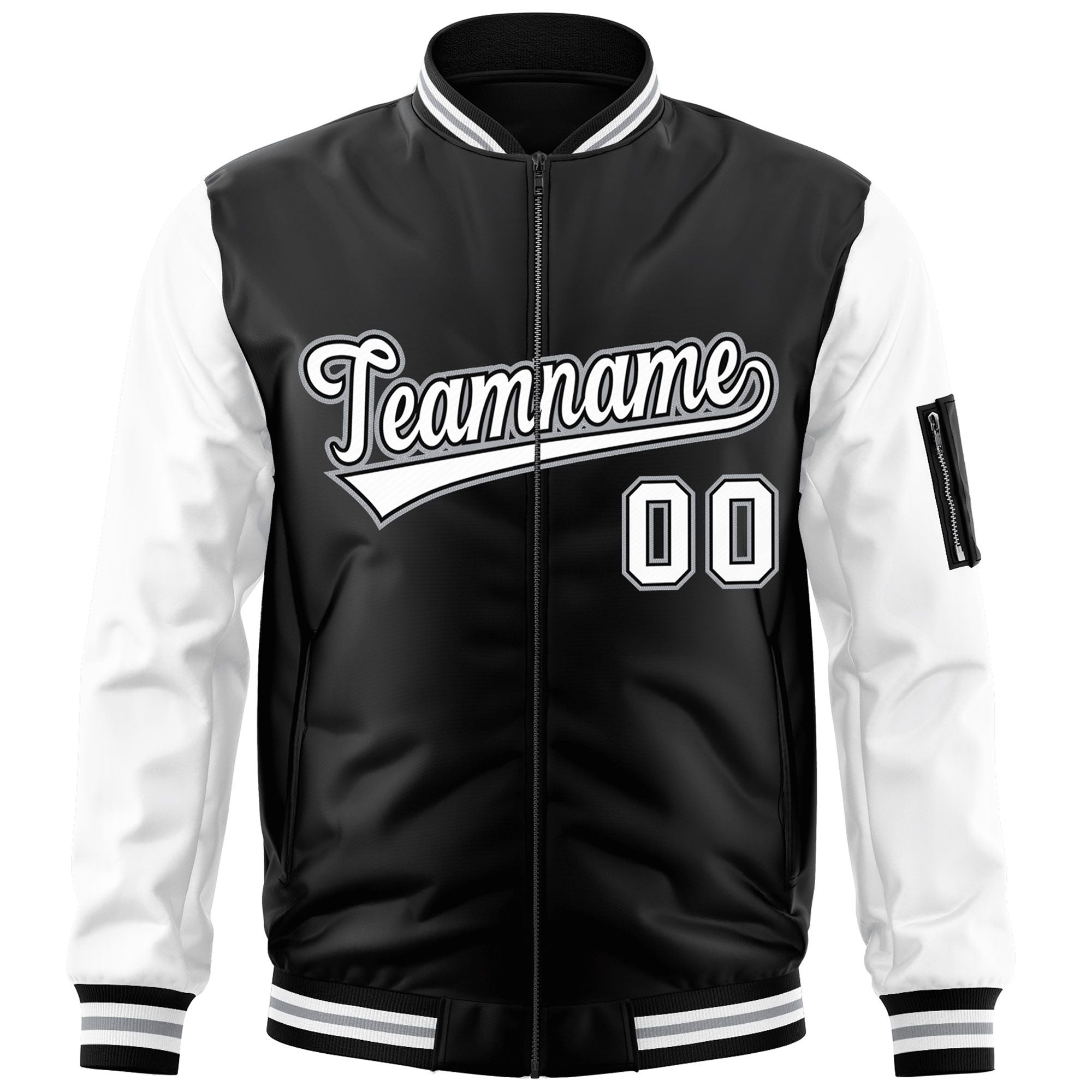 Custom Black White-Gray Varsity Full-Zip Raglan Sleeves Letterman Bomber Jacket