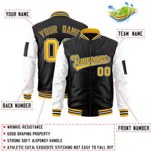 Custom Black White-Gold Varsity Full-Zip Raglan Sleeves Letterman Bomber Jacket