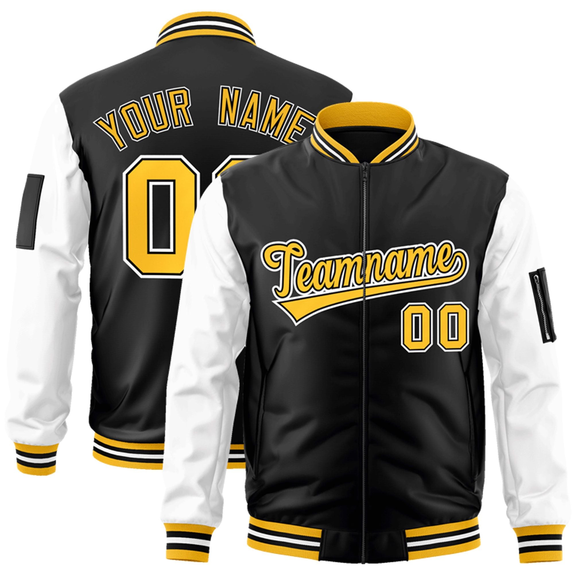 Custom Black White-Gold Varsity Full-Zip Raglan Sleeves Letterman Bomber Jacket