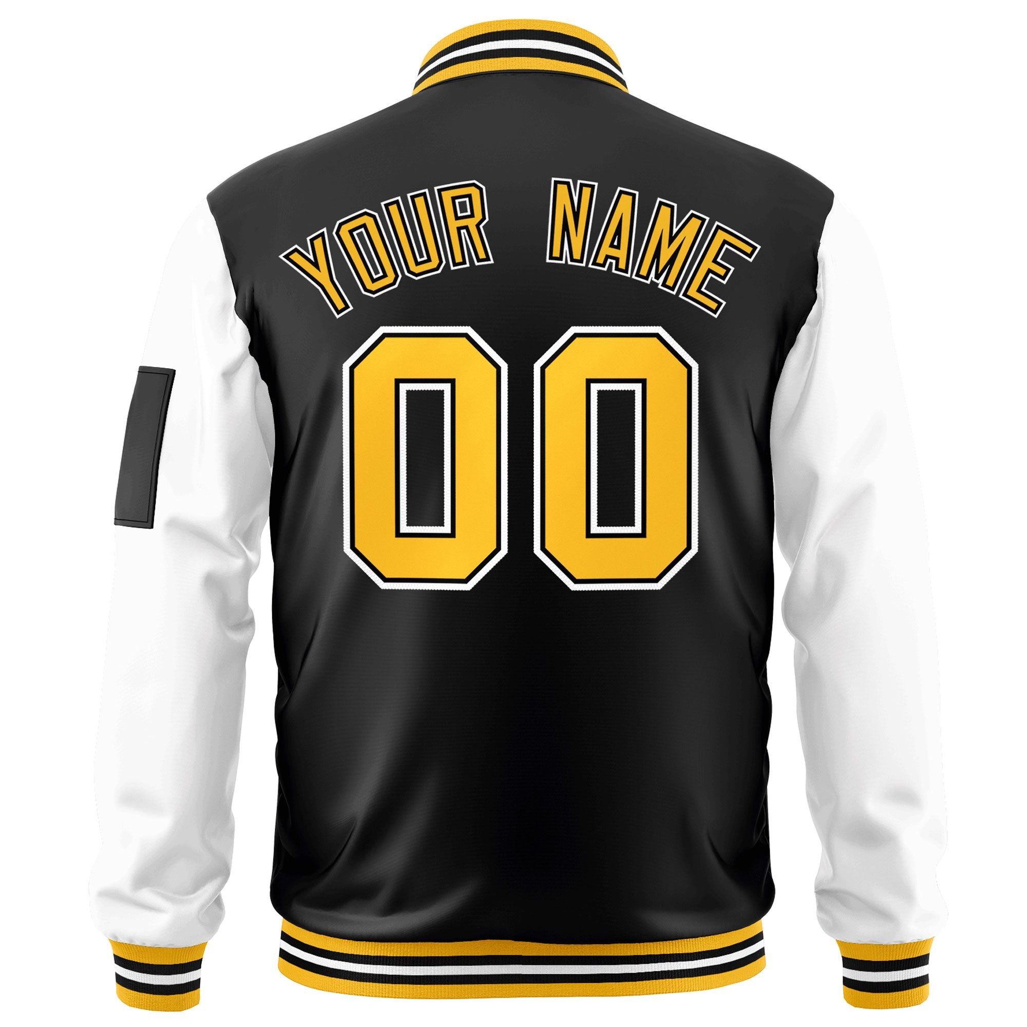 Custom Black White-Gold Varsity Full-Zip Raglan Sleeves Letterman Bomber Jacket