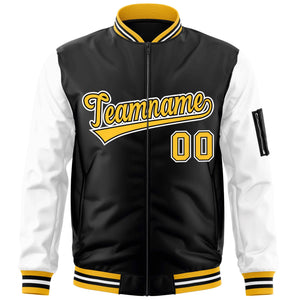 Custom Black White-Gold Varsity Full-Zip Raglan Sleeves Letterman Bomber Jacket