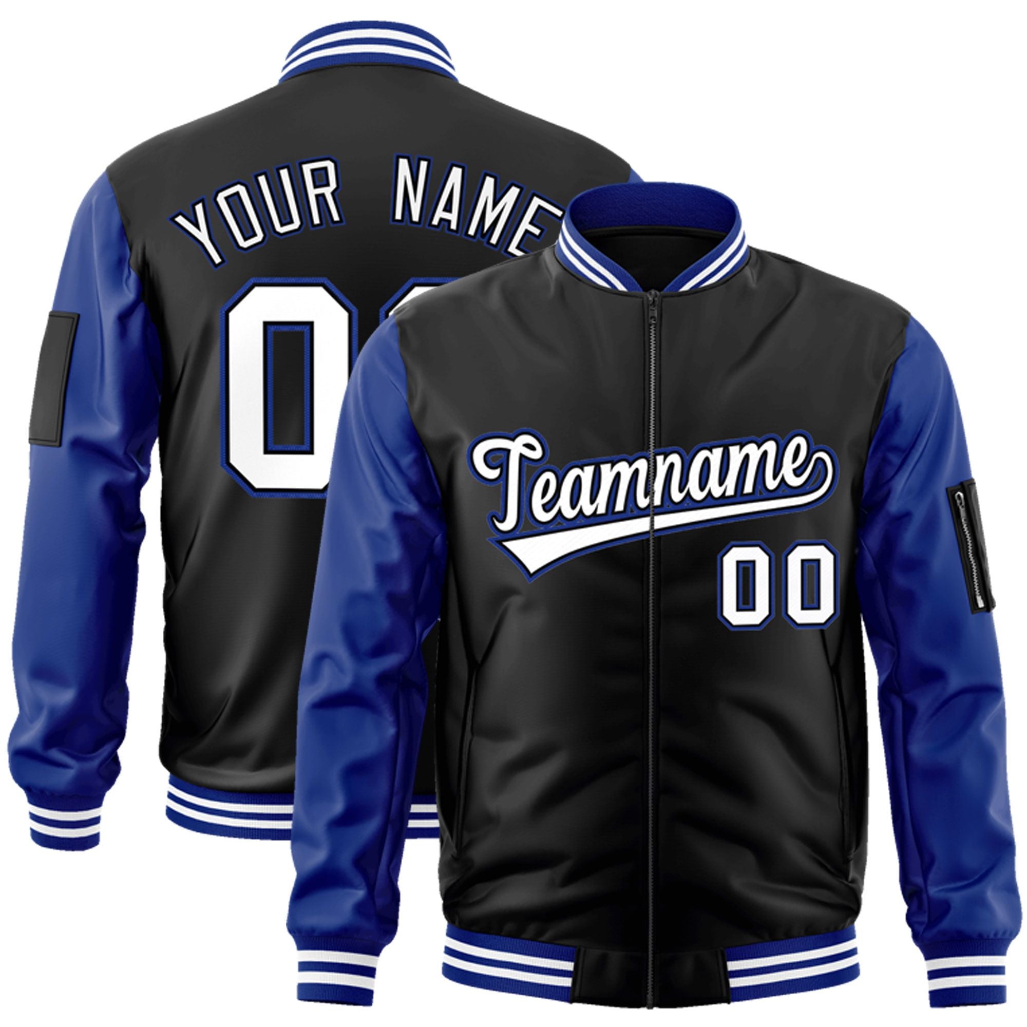 Custom Black White-Royal Varsity Full-Zip Raglan Sleeves Letterman Bomber Jacket