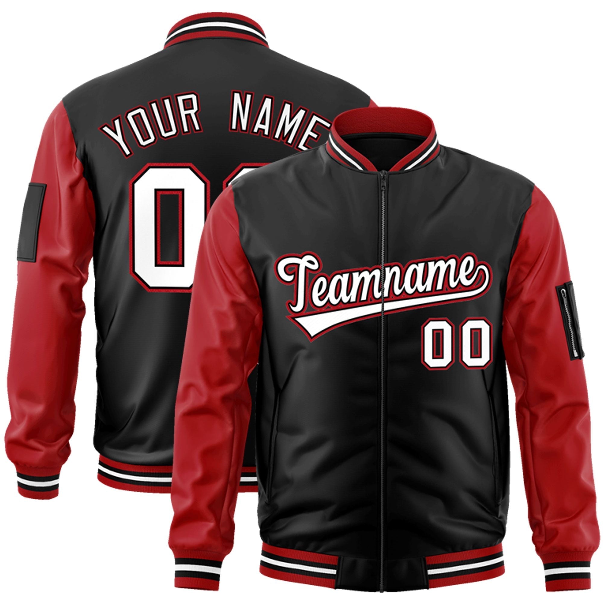 Custom Black Red-White Varsity Full-Zip Raglan Sleeves Letterman Bomber Jacket