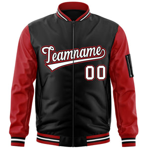 Custom Black Red-White Varsity Full-Zip Raglan Sleeves Letterman Bomber Jacket