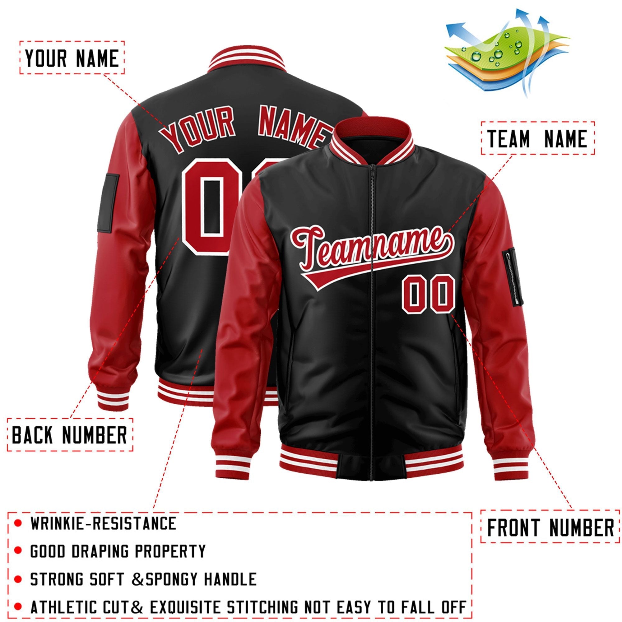 Custom Black Red-White Varsity Full-Zip Raglan Sleeves Letterman Bomber Jacket