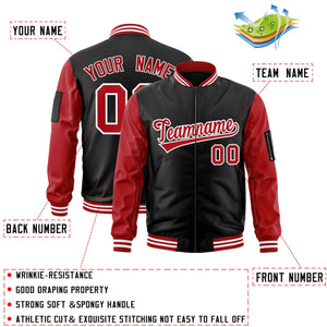 Custom Black Red-White Varsity Full-Zip Raglan Sleeves Letterman Bomber Jacket