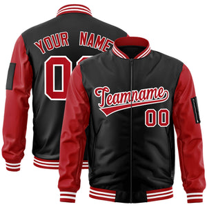 Custom Black Red-White Varsity Full-Zip Raglan Sleeves Letterman Bomber Jacket