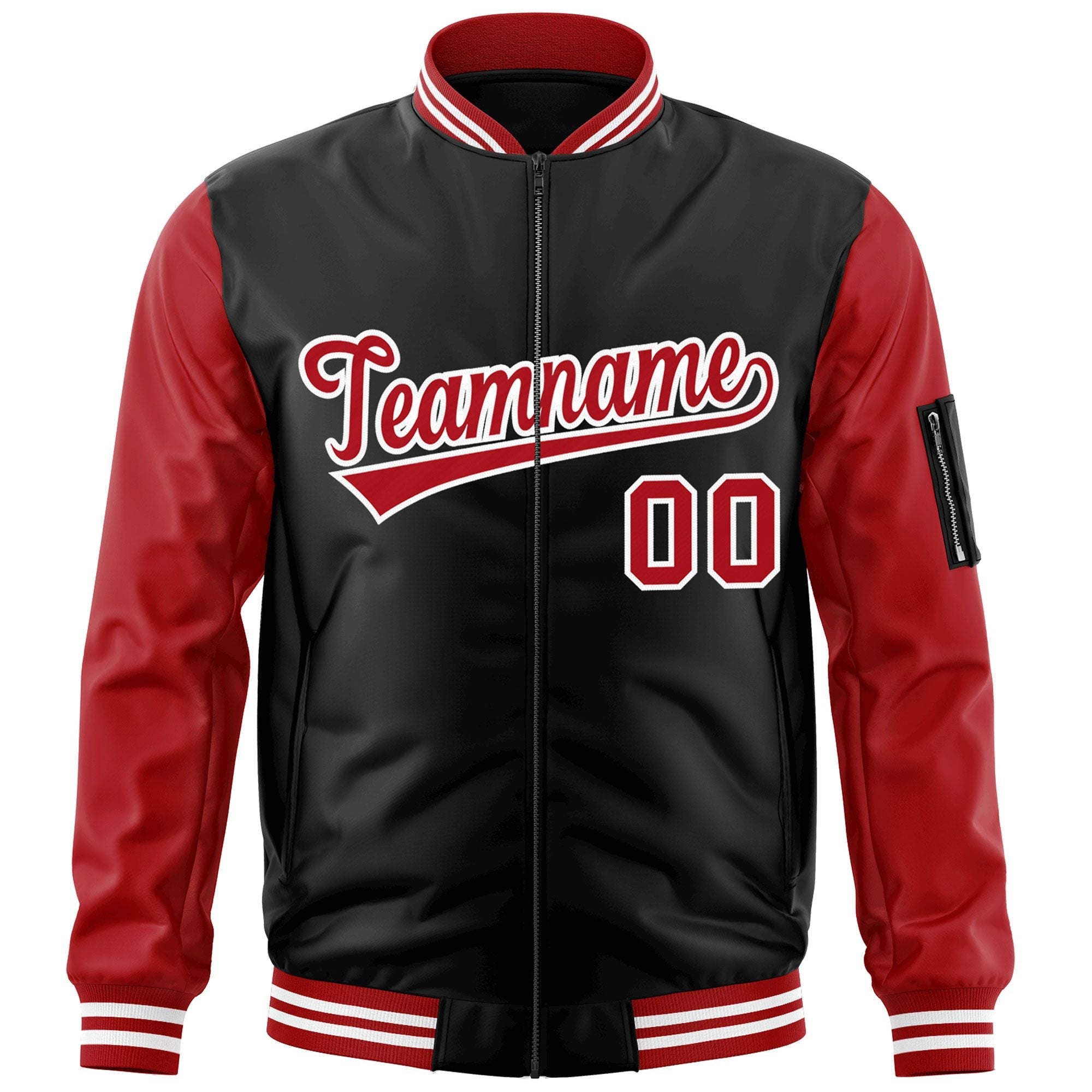 Custom Black Red-White Varsity Full-Zip Raglan Sleeves Letterman Bomber Jacket