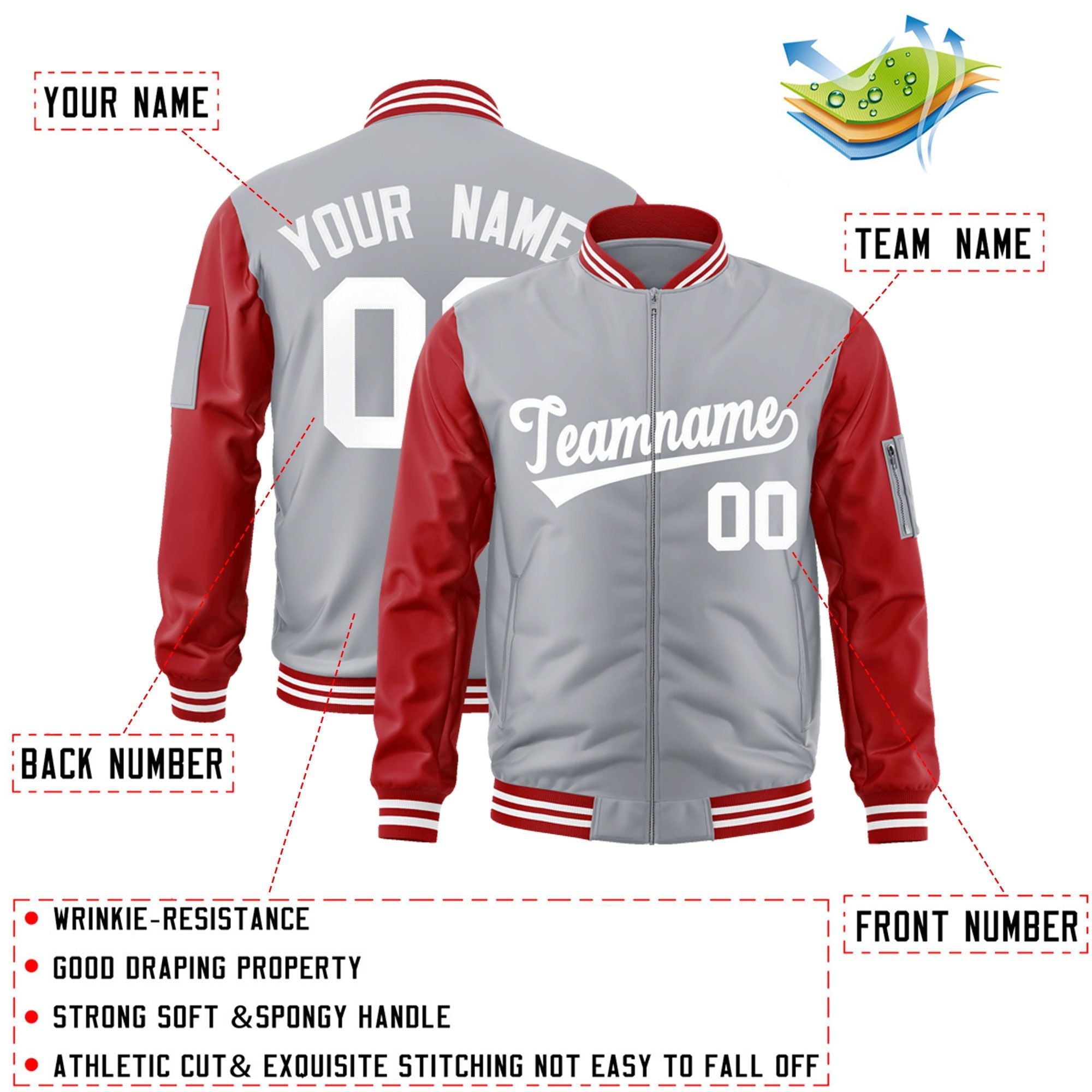 Custom Gray Red-White Varsity Full-Zip Raglan Sleeves Letterman Bomber Jacket