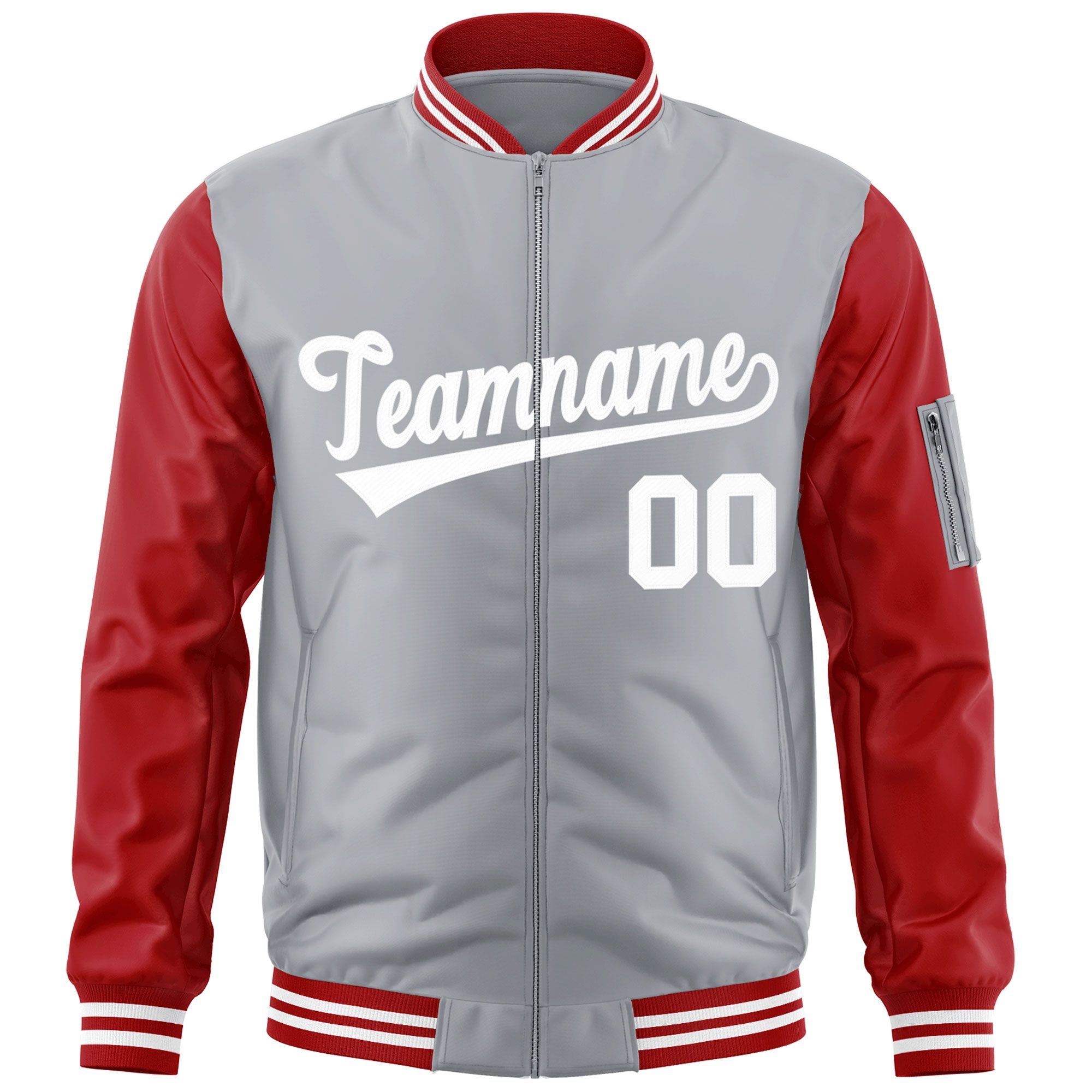 Custom Gray Red-White Varsity Full-Zip Raglan Sleeves Letterman Bomber Jacket