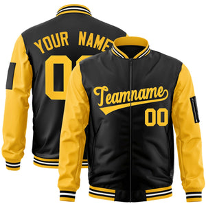 Custom Black Gold Varsity Full-Zip Raglan Sleeves Letterman Bomber Jacket