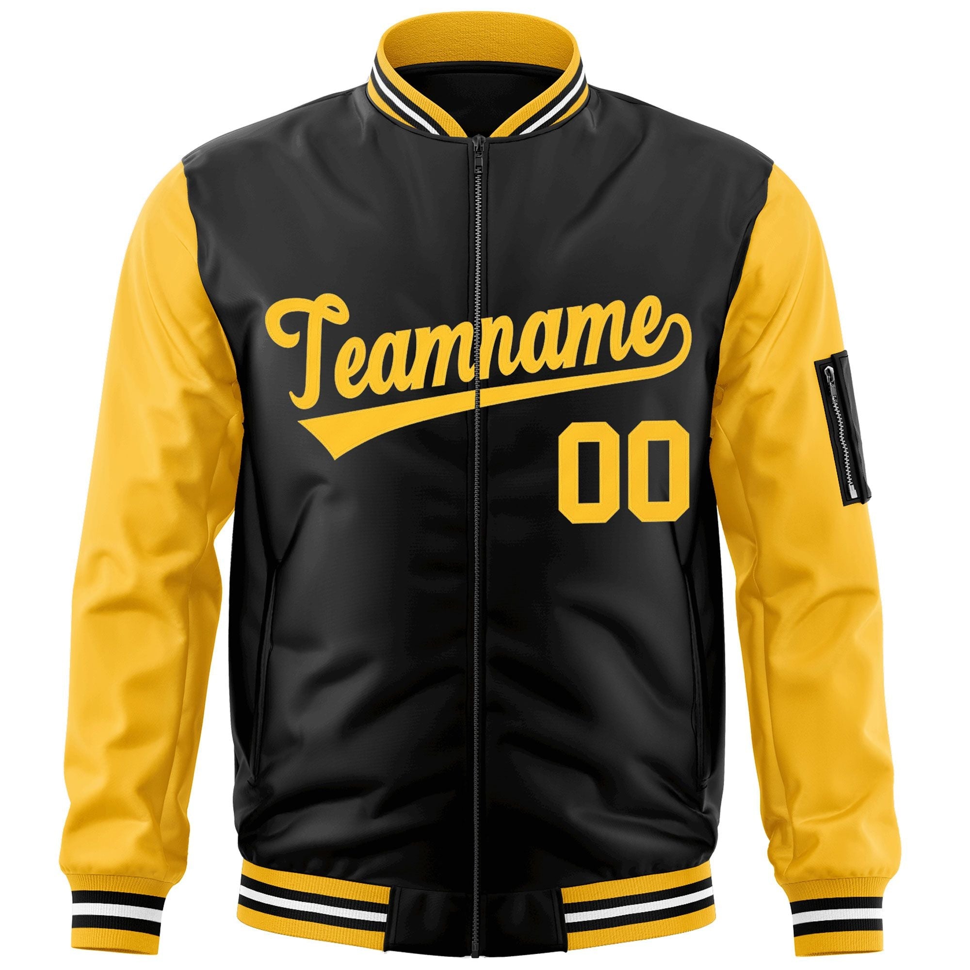 Custom Black Gold Varsity Full-Zip Raglan Sleeves Letterman Bomber Jacket