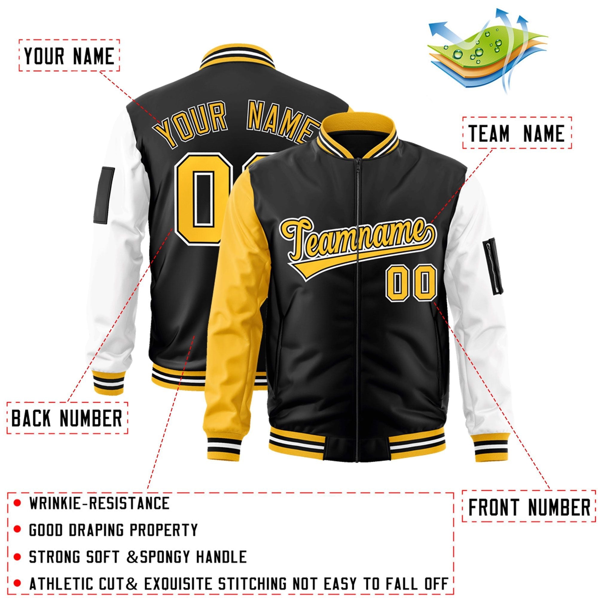 Custom Black Gold-White Varsity Full-Zip Raglan Sleeves Letterman Bomber Jacket