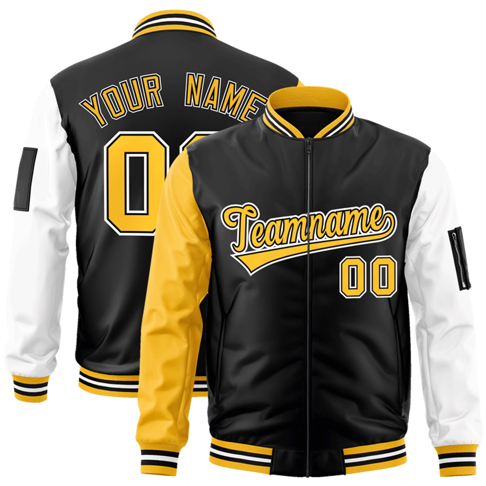 Custom Black Gold-White Varsity Full-Zip Raglan Sleeves Letterman Bomber Jacket