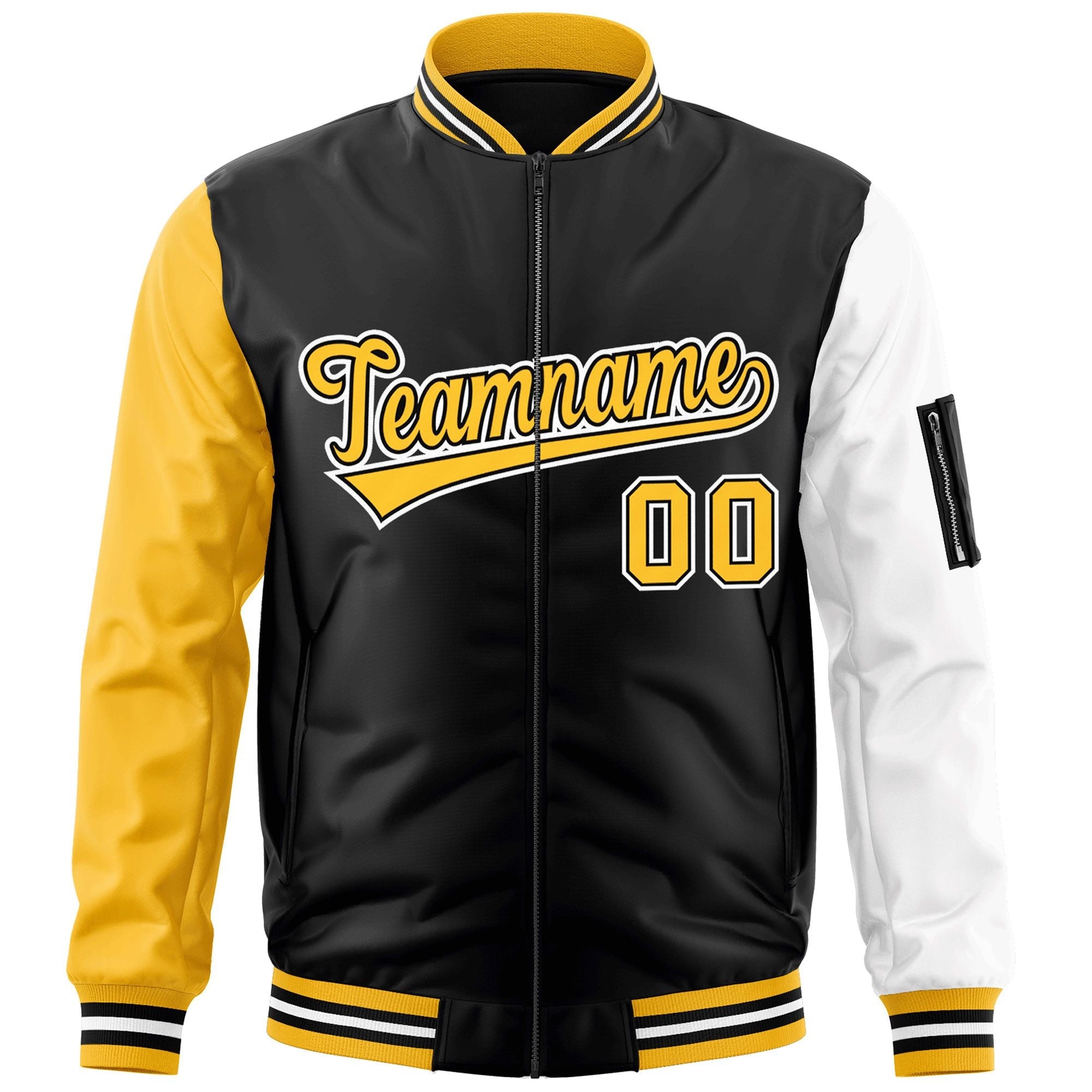 Custom Black Gold-White Varsity Full-Zip Raglan Sleeves Letterman Bomber Jacket