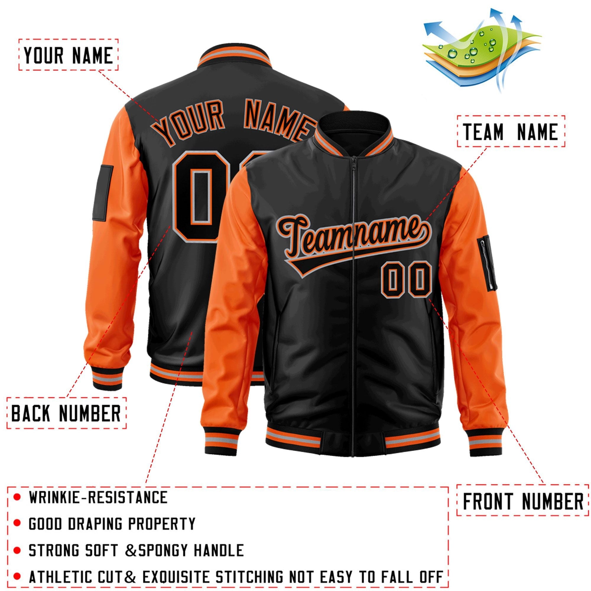 Custom Black Orange-Gray Varsity Full-Zip Raglan Sleeves Letterman Bomber Jacket