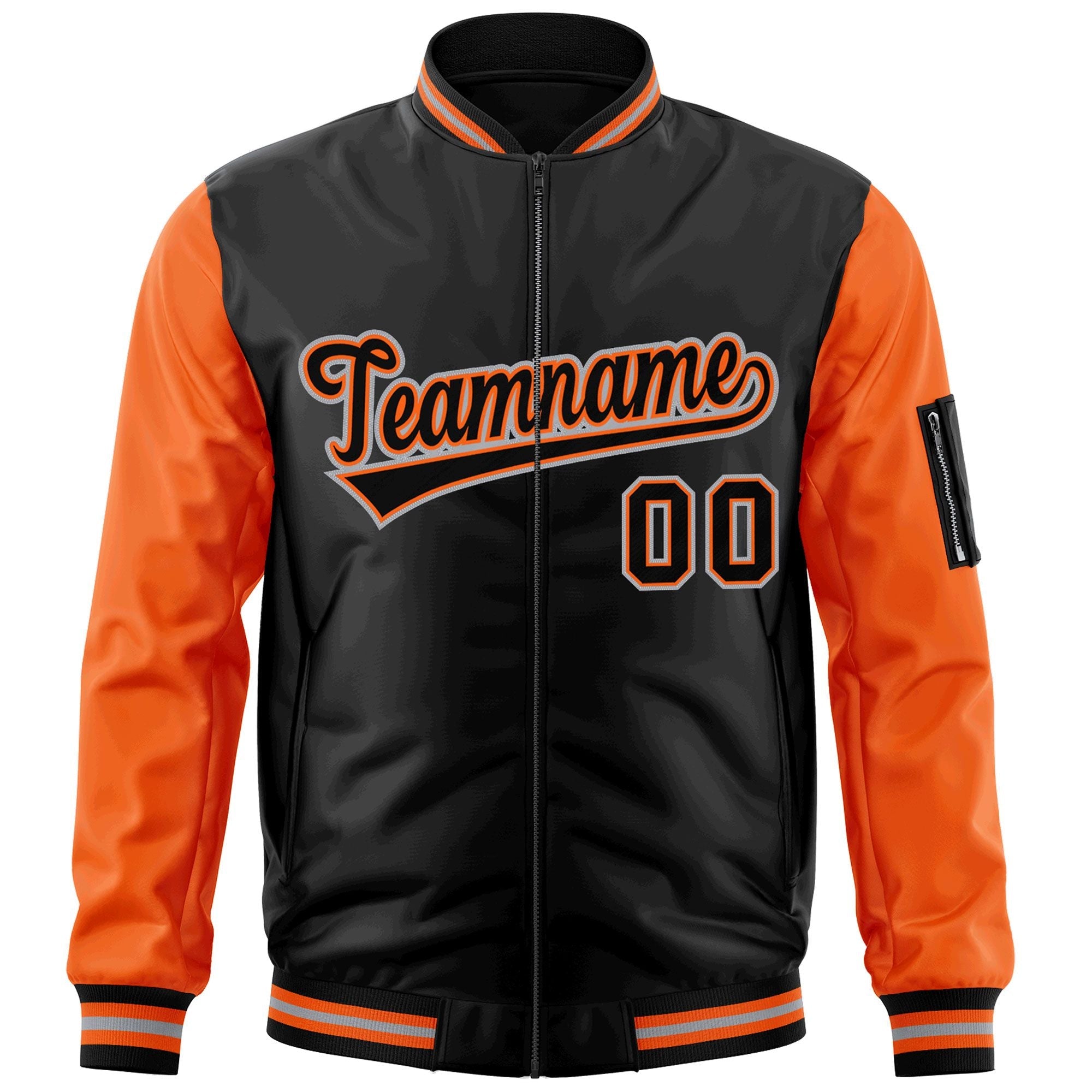 Custom Black Orange-Gray Varsity Full-Zip Raglan Sleeves Letterman Bomber Jacket