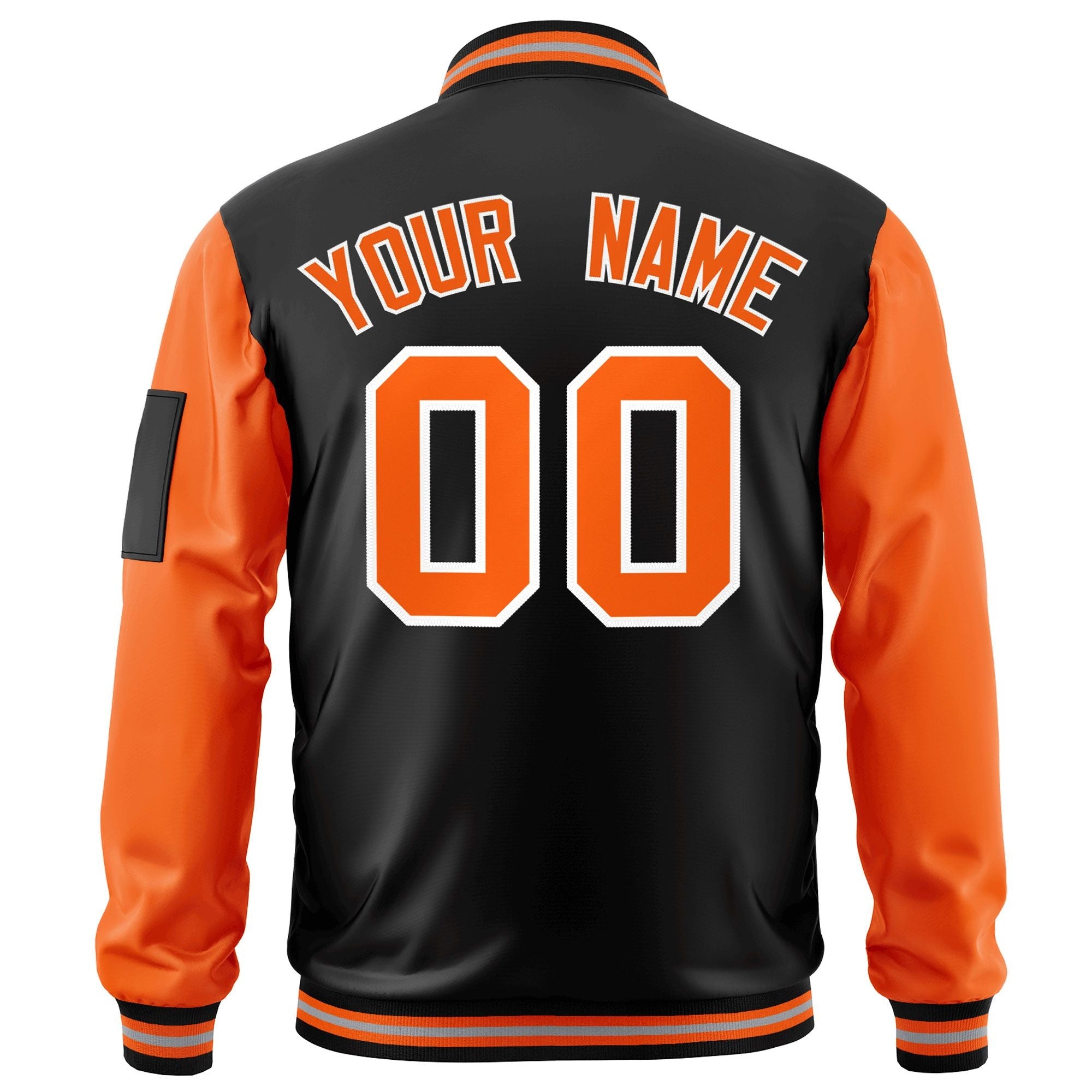 Custom Black Orange-White Varsity Full-Zip Raglan Sleeves Letterman Bomber Jacket