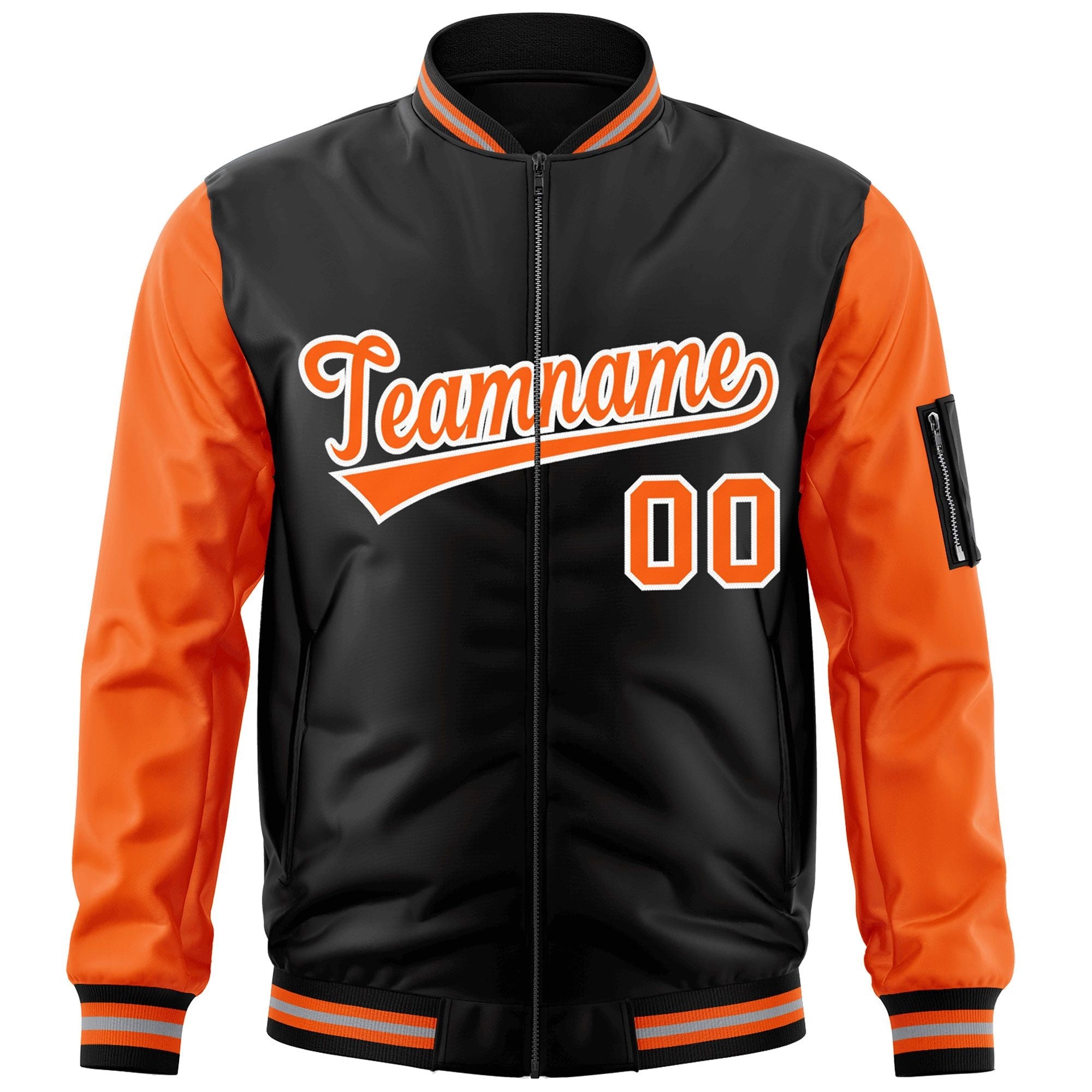 Custom Black Orange-White Varsity Full-Zip Raglan Sleeves Letterman Bomber Jacket