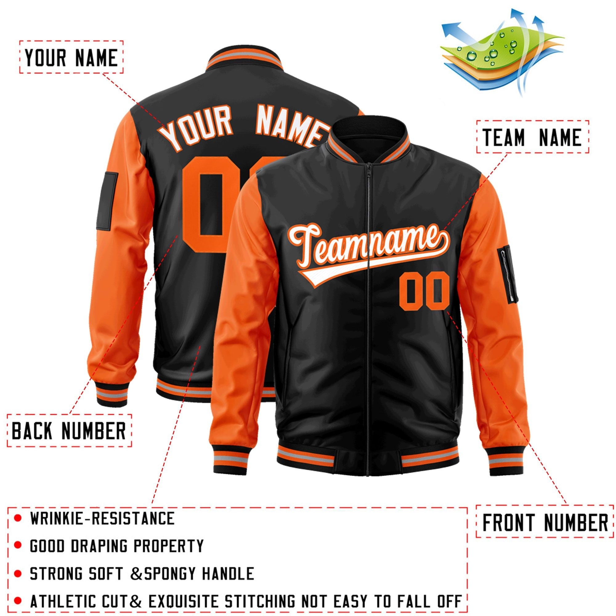 Custom Black Orange-White Varsity Full-Zip Raglan Sleeves Letterman Bomber Jacket