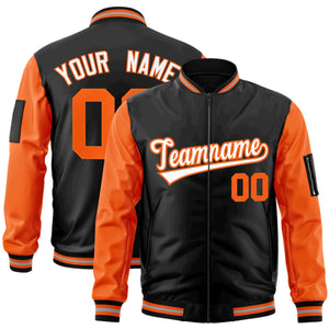 Custom Black Orange-White Varsity Full-Zip Raglan Sleeves Letterman Bomber Jacket