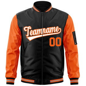 Custom Black Orange-White Varsity Full-Zip Raglan Sleeves Letterman Bomber Jacket