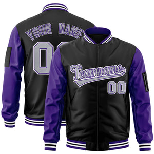 Custom Black Purple-Gray Varsity Full-Zip Raglan Sleeves Letterman Bomber Jacket