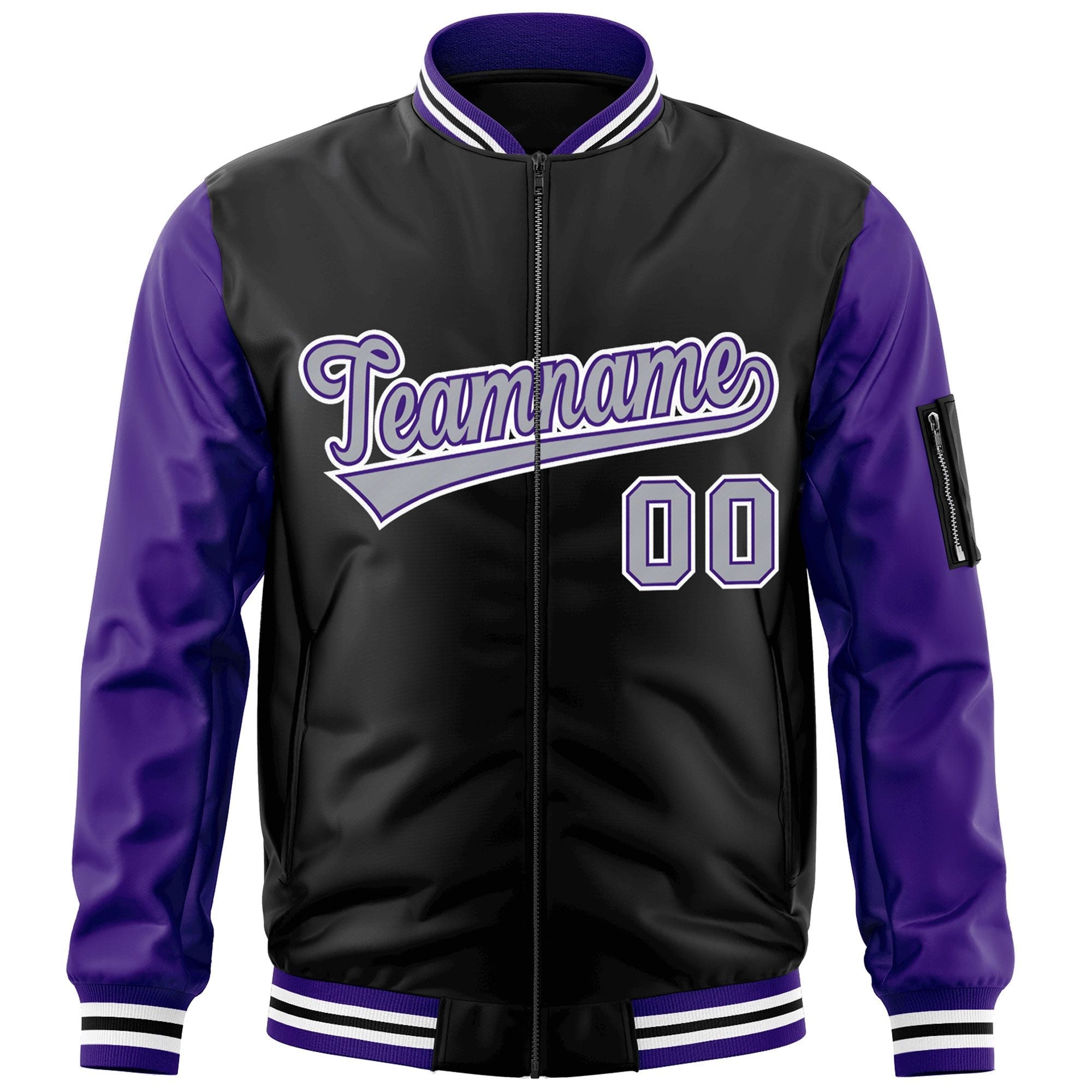 Custom Black Purple-Gray Varsity Full-Zip Raglan Sleeves Letterman Bomber Jacket